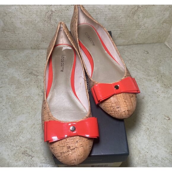 Liz Claiborne Cork-Style Flats Red Bow Accent Casual Comfort Workwear Holiday - Picture 1 of 9